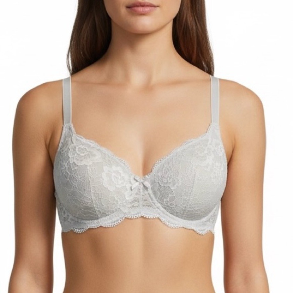 Bluxe Women 36C Light Gray Floral Lace Padded Push-Up Wireless Lingerie Bra